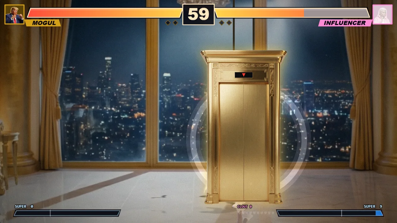 A gold elevator car has just landed in THE PENTHOUSE, its floor indicator lit, dust at its base