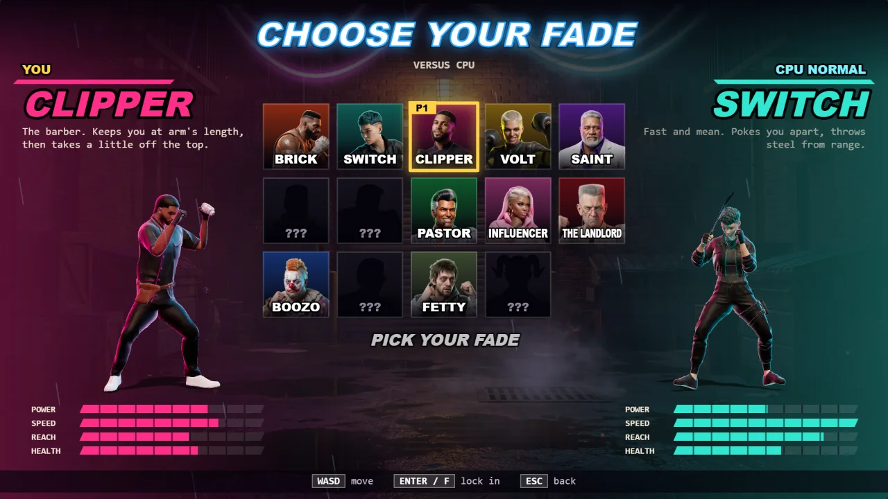 The character select grid, fourteen tiles, with the live 3D models of the two picks standing either side