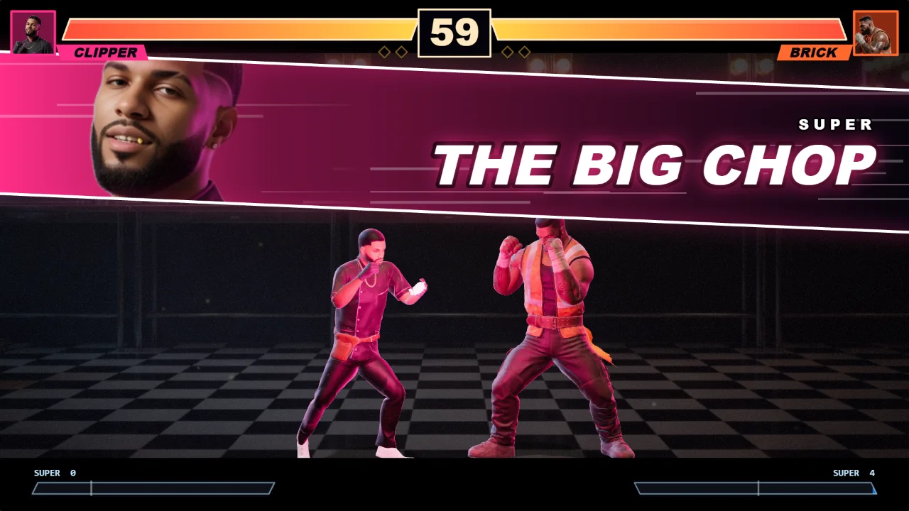 CLIPPER's super freeze: his hero render slides across the top of the screen with the name THE BIG CHOP