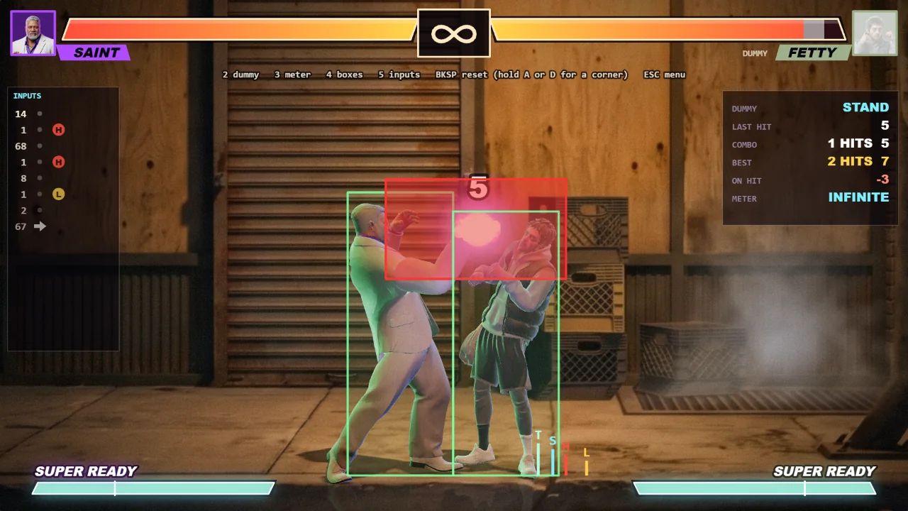 Training mode on THE CORNER with hitboxes drawn over SAINT and FETTY and a frame data readout
